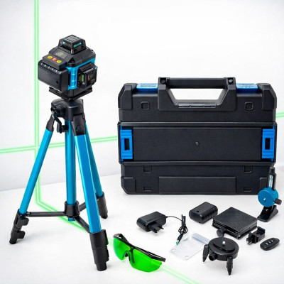 Лазерний рівень нівелір Laser Level 4D 2 акумулятори 16 ліній зелений промінь зі штативом у кейсі синій