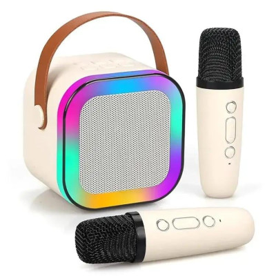 Детское беспроводное караоке K-12 Bluetooth колонка + 2 микрофона RGB подсветка бежевый