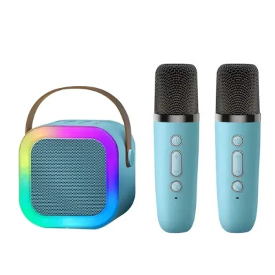 Детское беспроводное караоке K-12 Bluetooth колонка + 2 микрофона RGB подсветка голубой