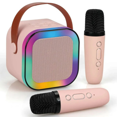 Детское беспроводное караоке K-12 Bluetooth колонка + 2 микрофона RGB подсветка розовый