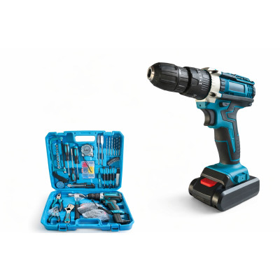 Шуруповерт акумуляторний Cordless Drill дриль 21В + 2 АКБ + кейс з комплектом інструментів 112шт чорно-синій