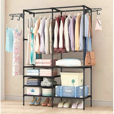 Двойная стойка вешалка для одежды и обуви Simple Coat Rack Double Row напольная стальная с полками и крючками Black