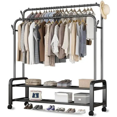 Двойная стойка вешалка для одежды и обуви Loft Rack TW-610-2 напольная стальная с полкой, крючками, на колесах Black