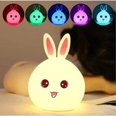 Детский ночник силиконовый Зайчик Rabbit-Lamp ночная LED лампа на аккумуляторе 5 цветов подсветки бело-розовый