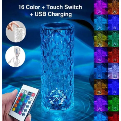 Настольная LED лампа ночник Crystal Rose GRB 21см аккумуляторная с пультом ДУ
