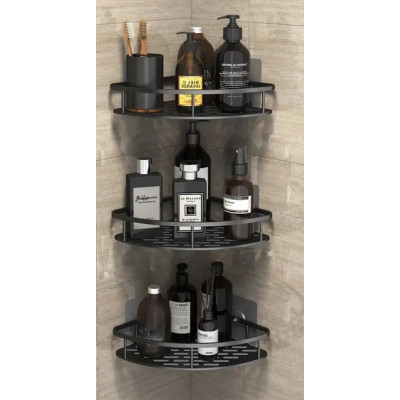 Настенная угловая полка - органайзер Nook bathroom shelf 3шт. для ванной комнаты душевой кабины, кухни, на самоклеющейся пленке чёрный
