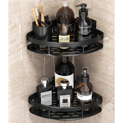 Настенная угловая полка - органайзер Nook bathroom shelf 2шт. для ванной комнаты душевой кабины, кухни, на самоклеющейся пленке чёрный